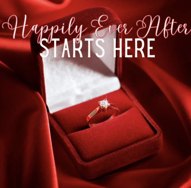 Engagement ring displayed in red Valentine themed styling with the words “Heavenly Ever After Starts Here” written across the image.